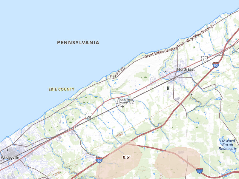 Radar-estimated hail-size map of the storm over North East, PA on Jul 21, 2026