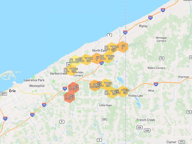 Hail map of North East, PA on Jul 21, 2026, hail up to 1.5"