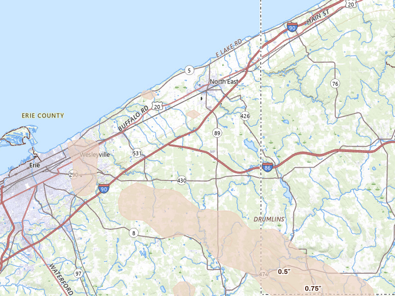 Radar-estimated hail-size map of the storm over North East, PA on Sep 1, 2026