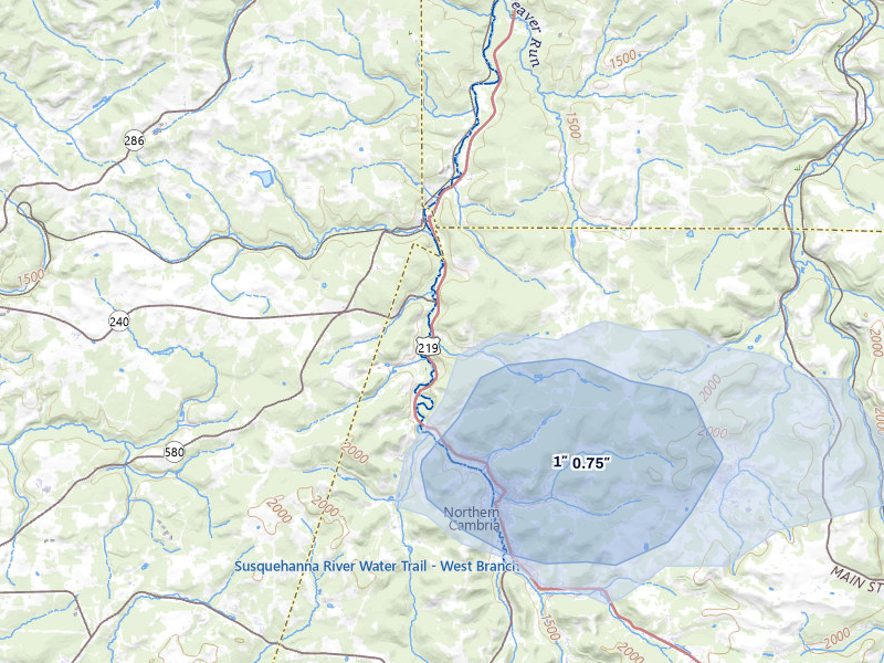 NEXRAD radar-signature map of the hail over Northern Cambria, PA