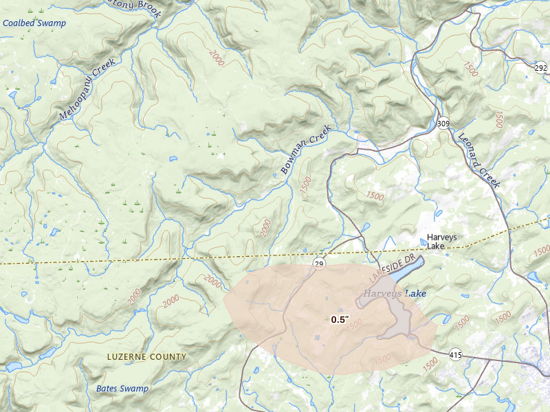 Radar-estimated hail-size map of the storm over Noxen, PA on Jul 3, 2026