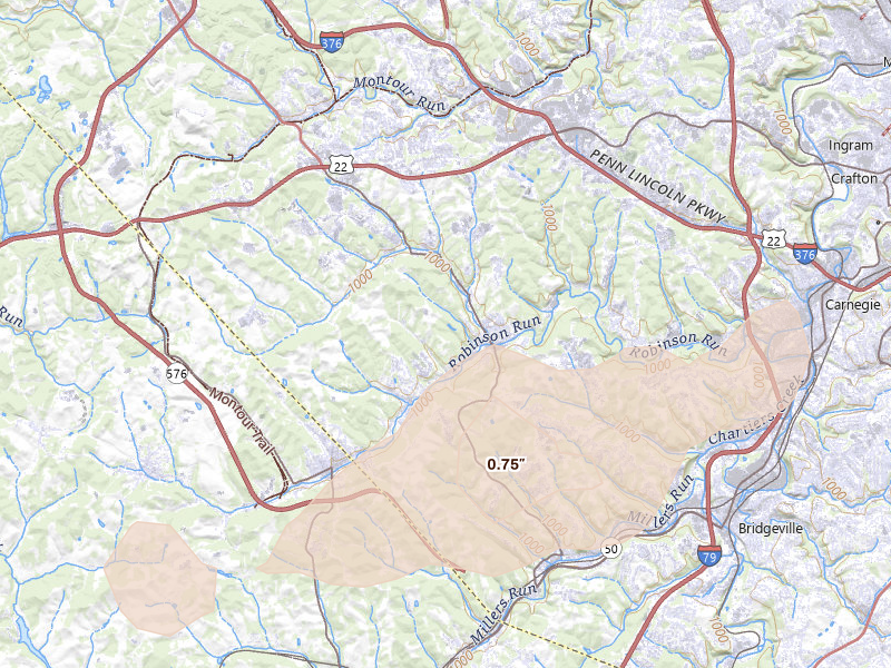 Radar-estimated hail-size map of the storm over Oakdale, PA on Jul 17, 2026