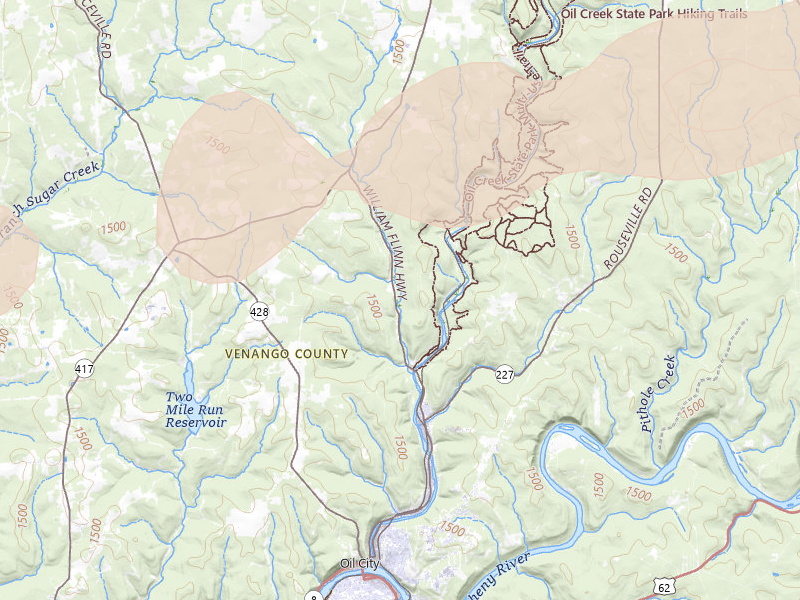 Radar-estimated hail-size map of the storm over Oil City, PA on Mar 7, 2026