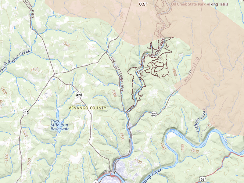Radar-estimated hail-size map of the storm over Oil City, PA on Jul 21, 2026