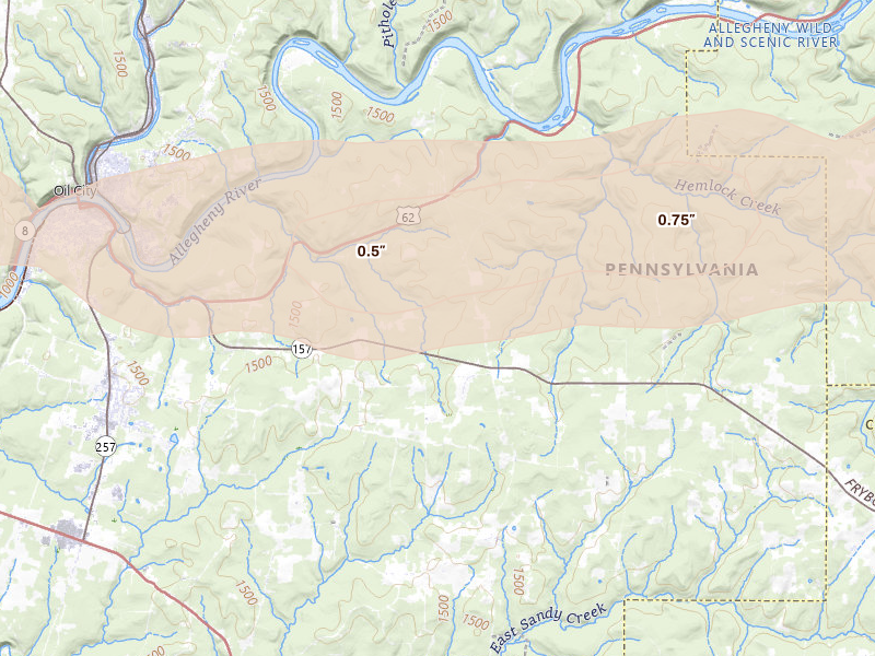 Radar-estimated hail-size map of the storm over Oil City, PA on Sep 2, 2026