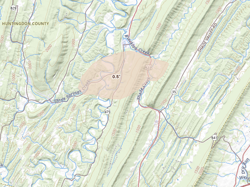 Radar-estimated hail-size map of the storm over Orbisonia, PA on Jul 4, 2026