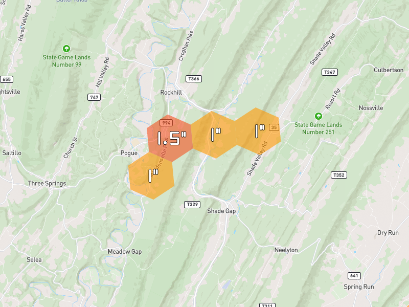 Hail map of Orbisonia, PA on Jul 4, 2026, hail up to 1.5"