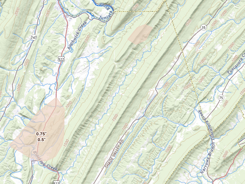 Radar-estimated hail-size map of the storm over Orbisonia, PA on Aug 27, 2026