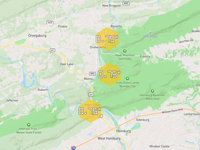 Hail map of Orwigsburg, PA on Jul 28, 2026, hail up to 0.75"