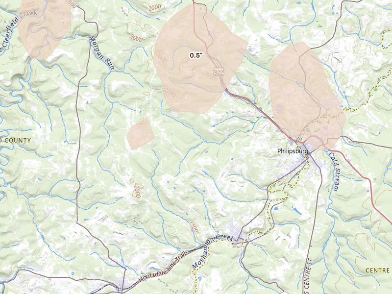 Radar-estimated hail-size map of the storm over Osceola Mills, PA on Mar 22, 2026