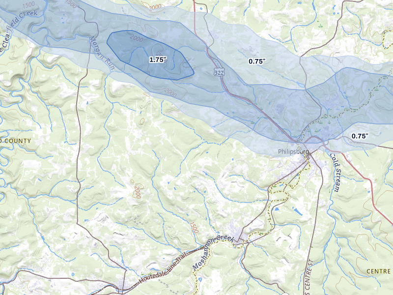 NEXRAD radar-signature map of the hail storm over Osceola Mills, PA on Mar 22, 2026