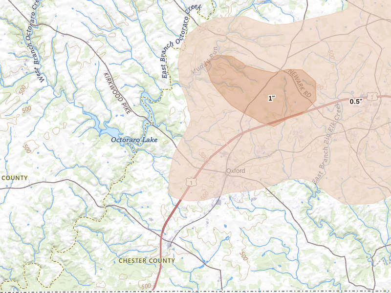 Radar-estimated hail-size map of the storm over Oxford, PA