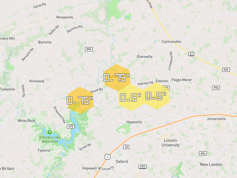 Hail map of Oxford, PA on Jul 21, 2026, hail up to 0.75"
