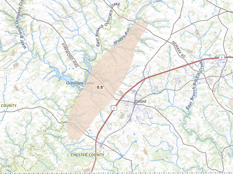 Radar-estimated hail-size map of the storm over Oxford, PA on Aug 27, 2026