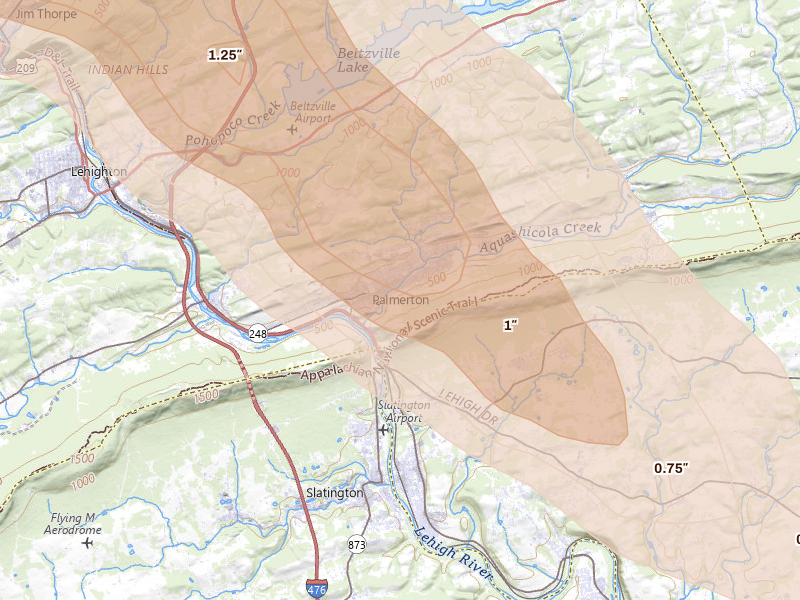 Radar-estimated hail-size map of the storm over Palmerton, PA on Jul 15, 2026
