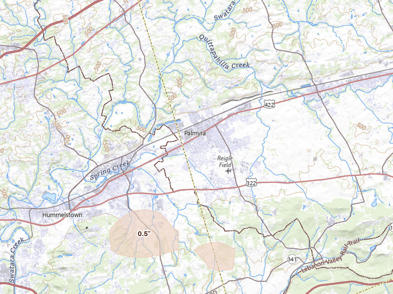 Radar-estimated hail-size map of the storm over Palmyra, PA on Jul 4, 2026