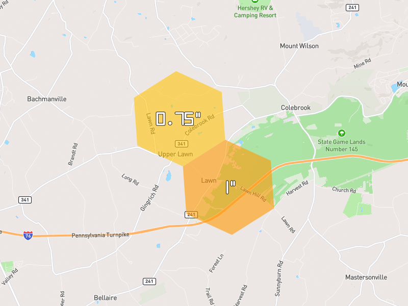 Hail map of Palmyra, PA on Jul 4, 2026, hail up to 1"