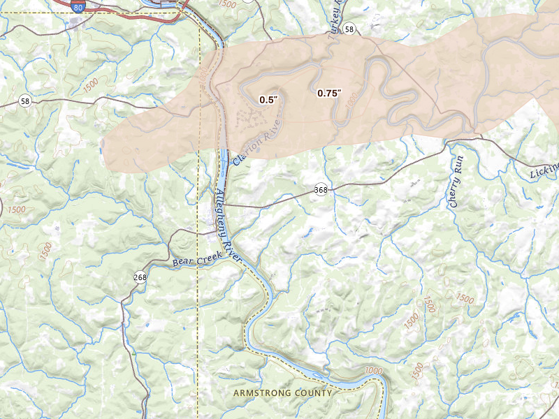 Radar-estimated hail-size map of the storm over Parker, PA on Jul 3, 2026