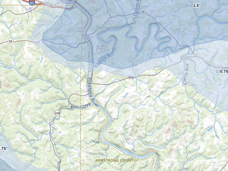 NEXRAD radar-signature map of the hail storm over Parker, PA on Jul 3, 2026