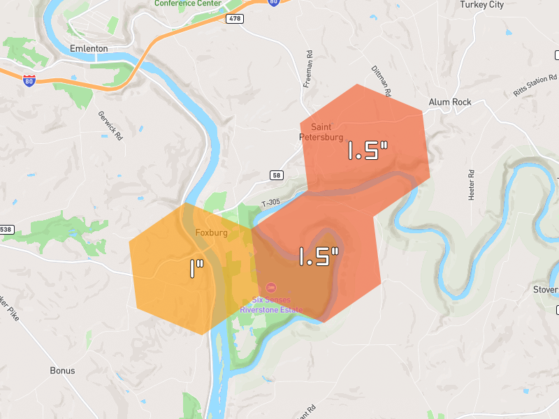 Hail map of Parker, PA on Jul 4, 2026, hail up to 1.5"