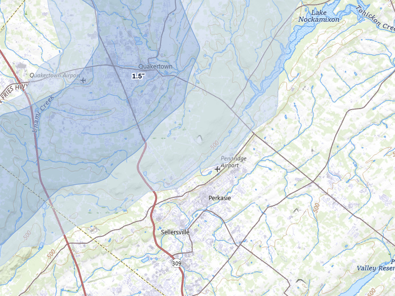 NEXRAD radar-signature map of the hail storm over Perkasie, PA on Jul 28, 2026