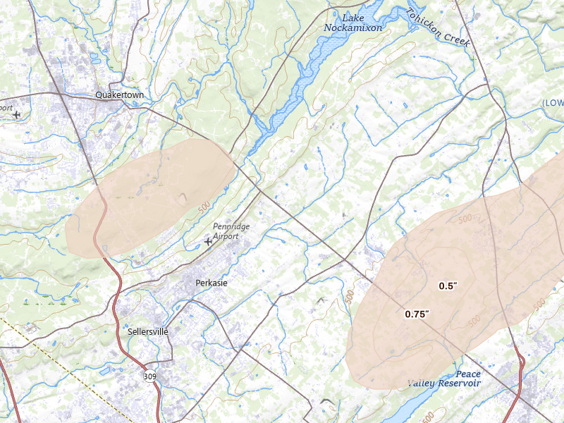 Radar-estimated hail-size map of the storm over Perkasie, PA on Aug 7, 2026