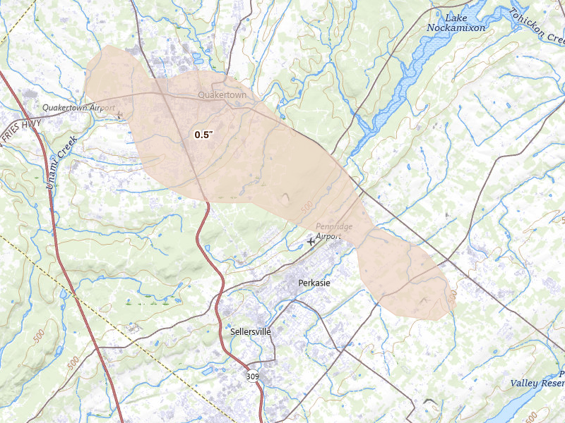 Radar-estimated hail-size map of the storm over Perkasie, PA on Sep 1, 2026
