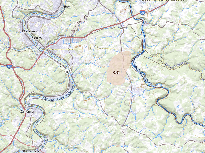 Radar-estimated hail-size map of the storm over Perryopolis, PA on Jul 4, 2026