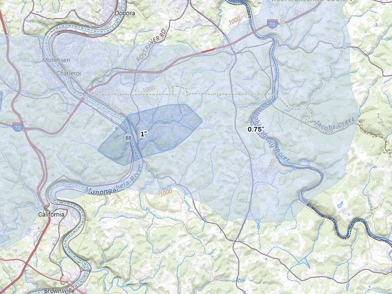 NEXRAD radar-signature map of the hail over Perryopolis, PA