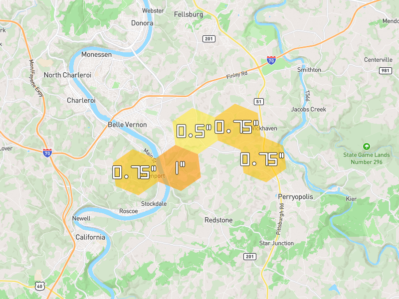 Hail map of Perryopolis, PA on Jul 4, 2026, hail up to 1"