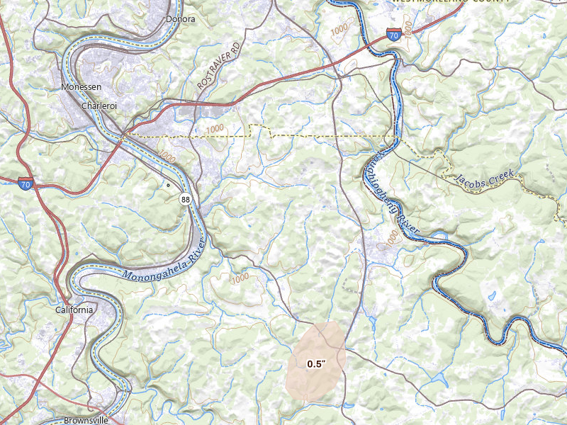 Radar-estimated hail-size map of the storm over Perryopolis, PA on Jul 6, 2026