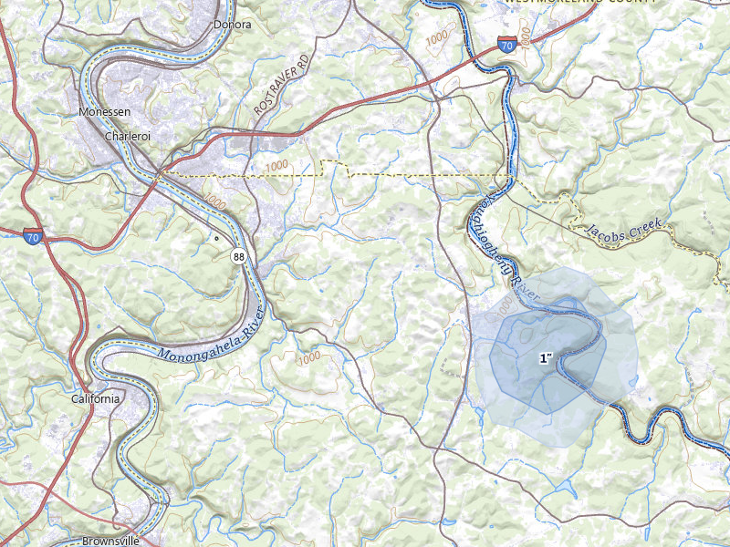 NEXRAD radar-signature map of the hail over Perryopolis, PA
