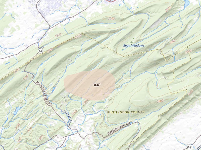 Radar-estimated hail-size map of the storm over Petersburg, PA on Jul 18, 2026