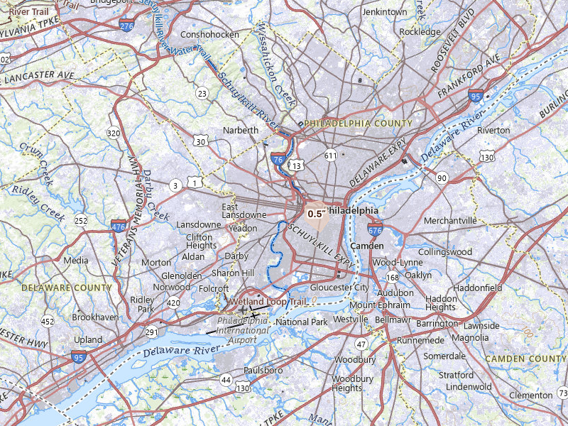 Radar-estimated hail-size map of the storm over Philadelphia, PA on Feb 24, 2026