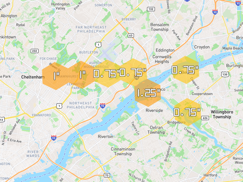 Hail map of Philadelphia, PA on Jul 4, 2026, hail up to 1.25"