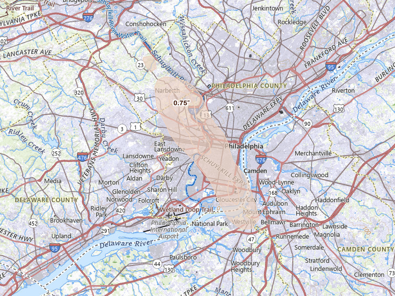 Radar-estimated hail-size map of the storm over Philadelphia, PA on Jul 11, 2026