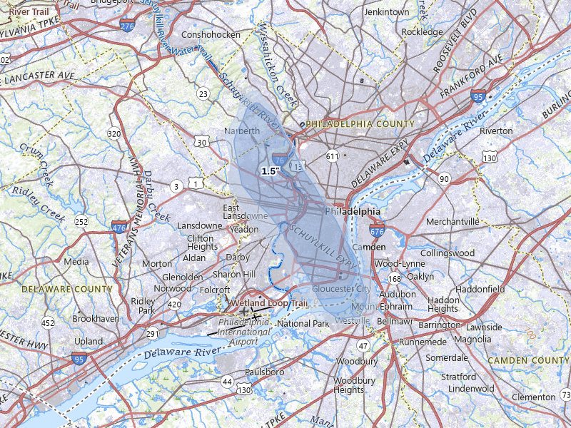 NEXRAD radar-signature map of the hail storm over Philadelphia, PA on Jul 11, 2026