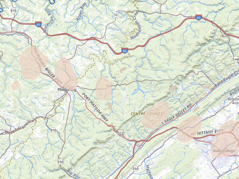 Radar-estimated hail-size map of the storm over Philipsburg, PA on Mar 22, 2026