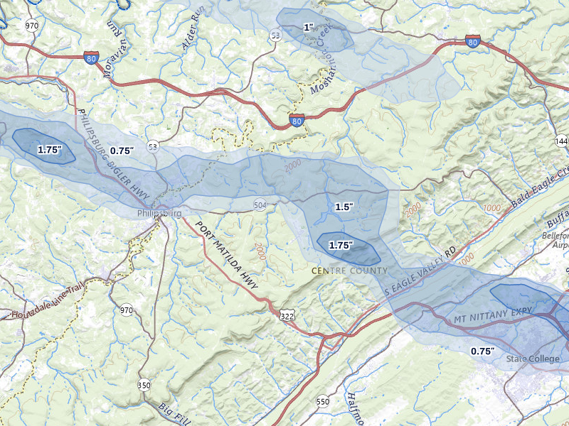 NEXRAD radar-signature map of the hail storm over Philipsburg, PA on Mar 22, 2026