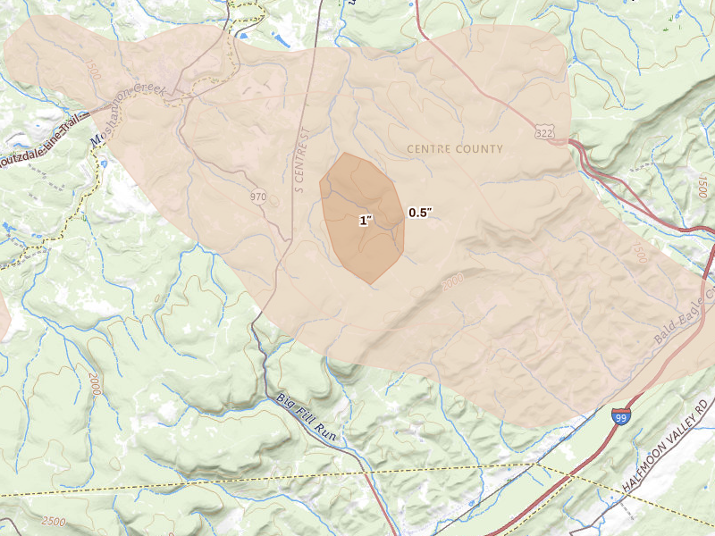 Radar-estimated hail-size map of the storm over Philipsburg, PA on Sep 2, 2026