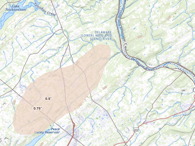 Radar-estimated hail-size map of the storm over Pipersville, PA on Aug 7, 2026