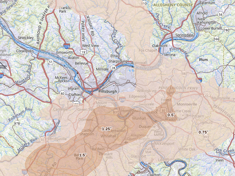 Radar-estimated hail-size map of the storm over Pittsburgh, PA on Sep 3, 2026