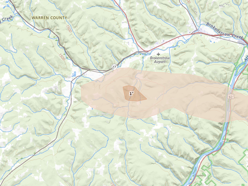 Radar-estimated hail-size map of the storm over Pittsfield, PA on Jul 4, 2026