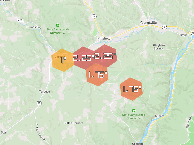 Hail map of Pittsfield, PA on Jul 4, 2026, hail up to 2.25"