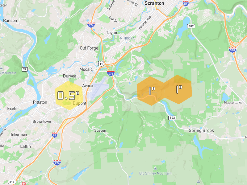 Hail map of Pittston, PA on Jul 3, 2026, hail up to 1"