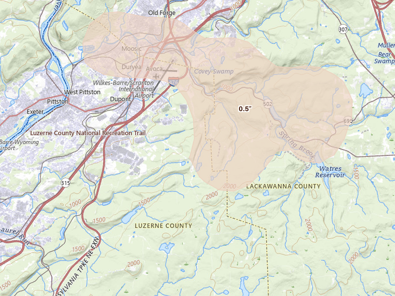 Radar-estimated hail-size map of the storm over Pittston, PA on Jul 4, 2026