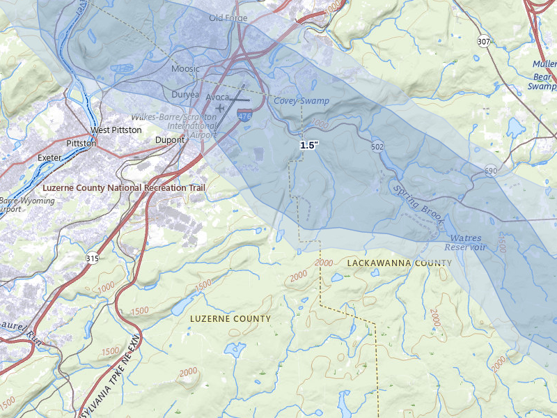 NEXRAD radar-signature map of the hail over Pittston, PA