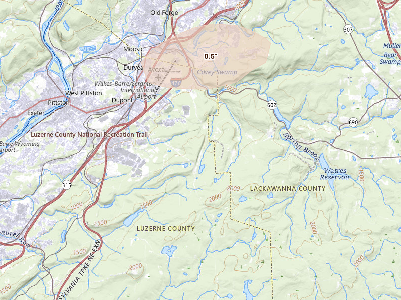 Radar-estimated hail-size map of the storm over Pittston, PA on Aug 27, 2026