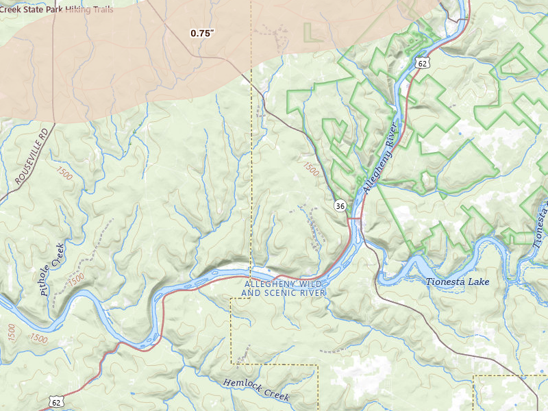 Radar-estimated hail-size map of the storm over Pleasantville, PA on Mar 7, 2026