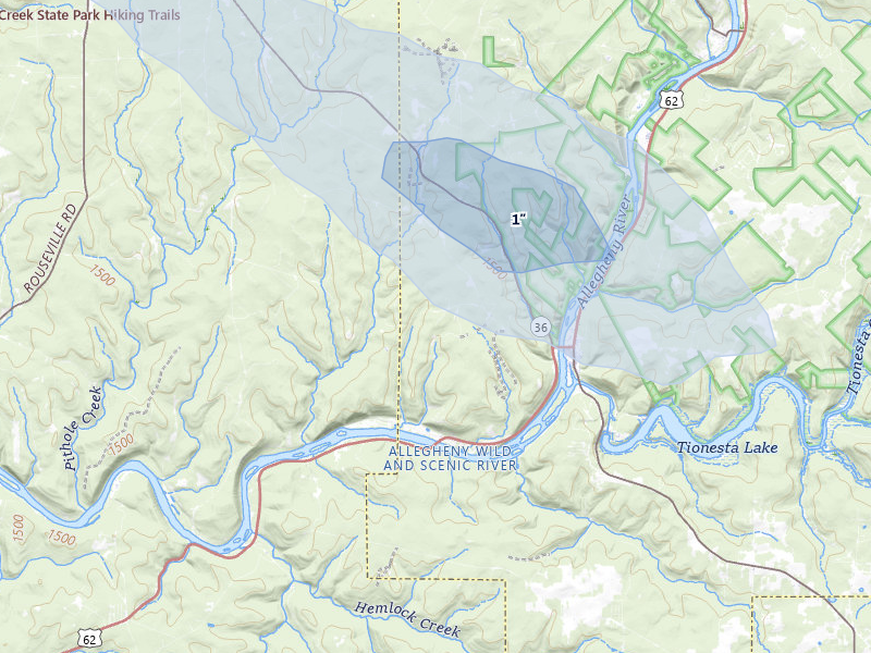 NEXRAD radar-signature map of the hail storm over Pleasantville, PA on Jul 3, 2026